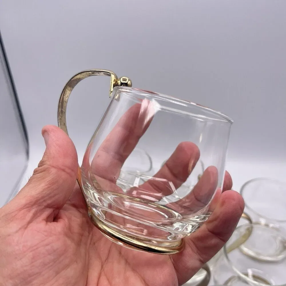 11 Vintage Brass Handled Glass Mugs Mid Century Modern Bar Ware
